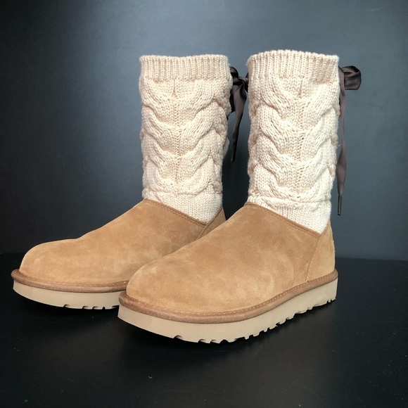 Ugg Kiandra Suede Boots Lace Up Bow Brown Tan Womens Size 7